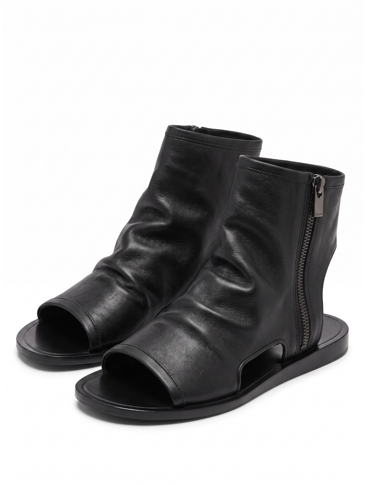 Vince Black Leather Open Toe Bootie Sandals Side Zip Flat Women's Size 6